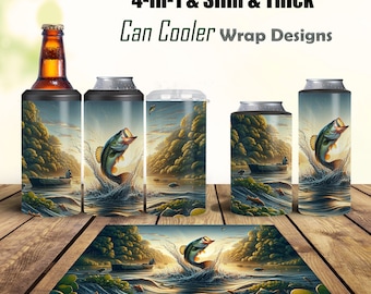 May include: A set of four can cooler wraps featuring a bass jumping out of the water with a sunset background. The wraps are available in both slim and thick styles.  The wraps are designed to fit standard 12-ounce cans.