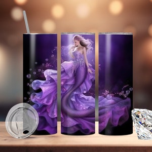 Mermaid Lavender 3D Tumbler Wrap PNG, High Resolution Seamless Design,20oz&30oz Skinny Straight/Tapered Tumbler Sublimation Digital Download
