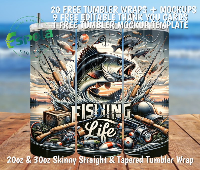 Fishing Life Tumbler Wrap: Sömlös sublimeringsdesign (digital nedladdning) bild 3