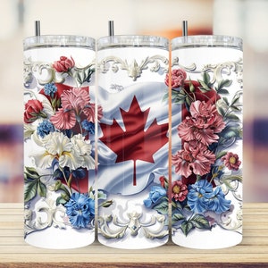 Floral Canada Flag 20oz&30oz Tumbler Wrap PNG Digital Download, Canadian Gift/ Gift for Canadian, Seamless Design