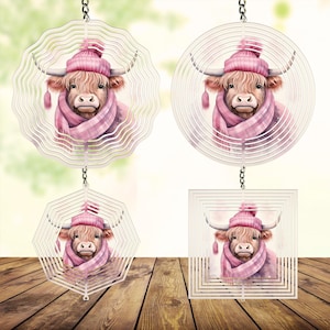 Pink Highland Cow Wind Spinner PNG Digital Download, Round and Square Image Files for 8/10/12 inch WindSpinner Sublimation Designs