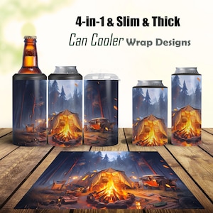 Camping 4in1/Slim/Think Can Cooler Sublimation PNG Instant Download, Can Wrap for 4in1, Slim&Thick Holder Seamless Design
