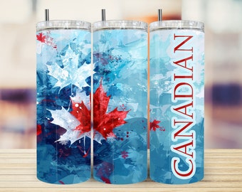May include: Three stainless steel tumblers with a blue, white, and red abstract design featuring maple leaves. The tumbler on the right has the word "CANADIAN" printed on it in red.