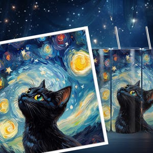 May include: A black cat with green eyes gazes upwards at a starry night sky depicted in swirling blue, yellow, and white tones. The cat is silhouetted against the colourful background, creating a whimsical and artistic design.