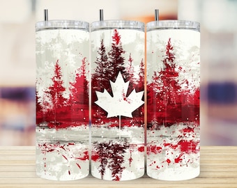 May include: Three stainless steel tumblers with a white maple leaf design on a red and white background. The tumblers have a distressed, splatter paint effect.