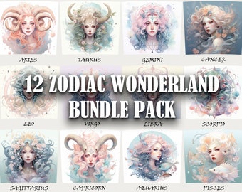 Zodiac Wonderland Tumbler Wrap Bundle: Seamless Watercolor Star Sign Designs (Digital Download)