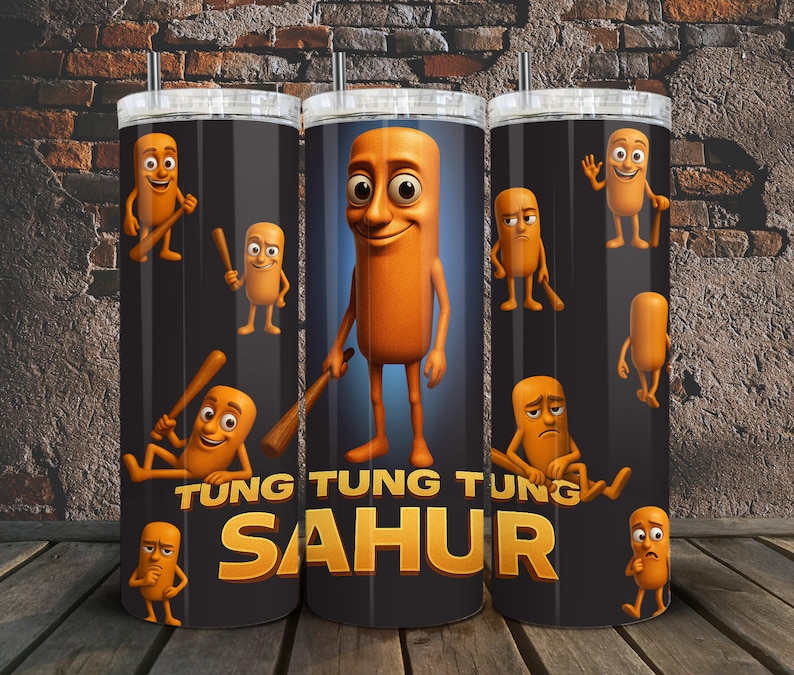 May include: Three black and orange tumblers with a cartoon sausage character on each. The tumblers have the text "Tung Tung Tung Sahur" on the front.