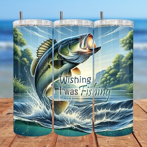 Deseando estar pescando 20oz&30oz Tumbler Wrap Diseño sin costuras, Sublimación de vaso recto delgado/cónico PNG Descarga digital
