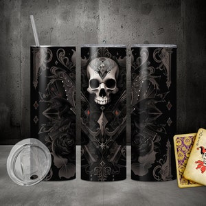 Skull Poker King Tumbler Wrap, diseño sin costuras con temática de póquer, sublimación de vaso recto/cónico de 20 oz y 30 oz PNG Descarga digital