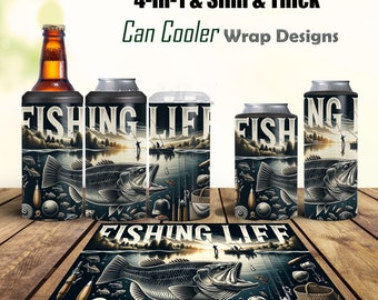 May include: Four different designs for a can cooler wrap featuring a fishing scene with a largemouth bass, fishing rods, and the text "FISHING LIFE".