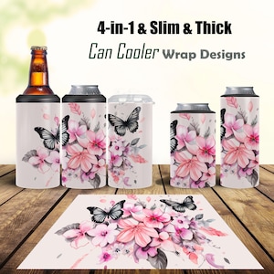 May include: Four different designs of can coolers featuring a pink and white floral pattern with butterflies. The designs are shown on a wooden surface with a flat lay of the same design.