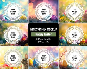 May include: Eight wind spinners with a white circular design, each with the text "Your Design Here" in the centre. The wind spinners are displayed against a variety of colourful backgrounds with Easter-themed decorations, including eggs, flowers, and a bunny.