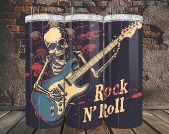 May include: A black and white illustration of a skeleton playing a guitar with the words "Rock N' Roll" on the side of the tumbler.