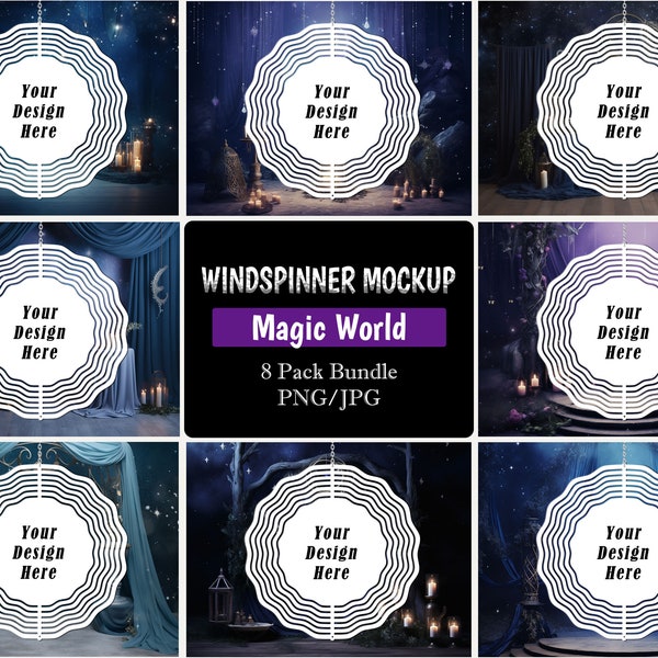 Pacchetto 8xMagic World Wind Spinner Mockup, PNG e JPG trasparenti a tema magico/stregone/celeste/zodiaco, modificabili in Canva/Photoshop/Photopea