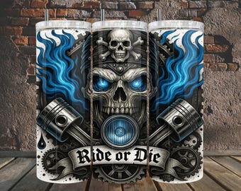 Biker Skull Tumbler Wrap: Steampunk Motorcykeldesign (digital PNG-nedladdning)