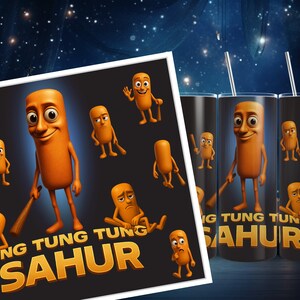 May include: Three stainless steel tumblers with a black background and orange cartoon characters. The tumblers have the text "Tung Tung Sahur" on them.
