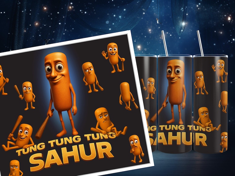 May include: Three stainless steel tumblers with a black background and orange cartoon characters. The tumblers have the text "Tung Tung Sahur" on them.