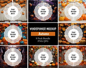 May include: Eight autumn-themed wind spinner mockups featuring a white circle with the text "Your Design Here" in the centre. The mockups feature various fall foliage, pumpkins, and other autumnal elements.