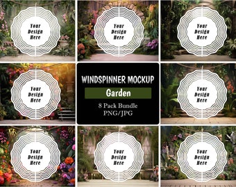 May include: Eight garden-themed wind spinner mockups with a white circle in the centre for adding your design. The text "Your Design Here" is in the centre of each circle. The text "Windspinner Mockup Garden 8 Pack Bundle PNG/JPG" is in the centre of the image.