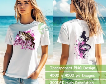 Fishing Girl T-Shirt PNG: Front & Back Sublimation Design (Digital Download)