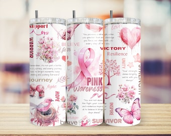 Różowa świadomość raka piersi Tumbler Wrap Sublimacja PNG Pobieranie cyfrowe, 20oz i 30oz Skinny Straight Tumbler Wrap Bezszwowy wzór