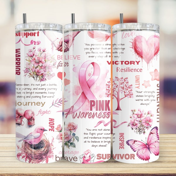 Rosa Bewusstsein Brustkrebs Tumbler Wrap Sublimation PNG Digital Download, 20 Unzen & 30 Unzen Skinny Gerade Tumbler Wrap Nahtloses Design