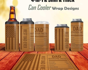 Può includere: Avvolgimenti per refrigeratore di lattine in legno con un design a bandiera americana e la scritta "Best Dad Ever". Un involucro presenta un'etichetta "Dad Nutrition Facts". L'immagine mostra anche una bottiglia e un sottobicchiere in legno con lo stesso design. Il testo recita "4-in-1 & Slim & Thick Can Cooler Wrap Designs."