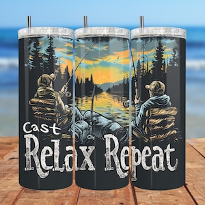 Cast Relax Repeat Tumbler Wrap, Fishing Bro Sublimation PNG Digital Download, 20oz&30oz Skinny Straight Tumbler Wrap Seamless Design