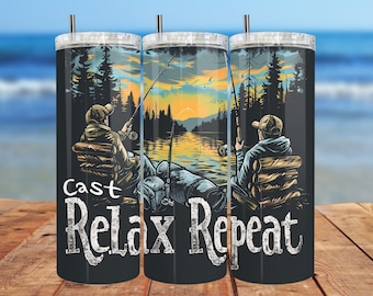 Fishing Tumbler Wrap: Cast Relax Repeat, Seamless Design (Digital Download)