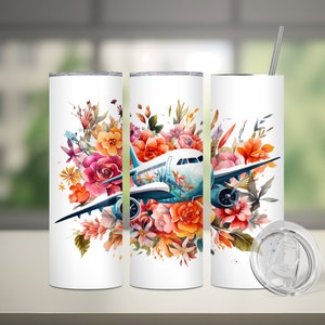 Floral Airplane Tumbler Wrap Seamless Design, 20oz&30oz Skinny Straight/Tapered Tumbler Sublimation PNG Digital Download