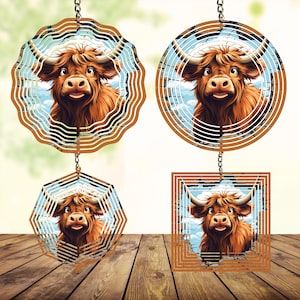 Cartoon Highland Cow Wind Spinner PNG Digital Download, Round and Square Image Files for 8/10/12 inch WindSpinner Sublimation Designs