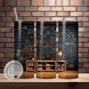 May include: Three stainless steel tumblers with a black chalkboard background featuring colorful handwritten math equations, a bookshelf, and a lamp. The tumblers have a clear lid.