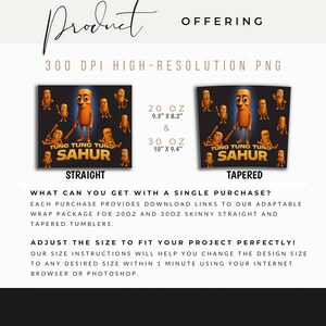 May include: A digital download product offering two sizes of printable wrap designs for skinny straight and tapered tumblers. The designs feature a cartoon peanut character with the text "Tung Tung Tung Sahur". The designs are available in 20 oz (23.6 cm x 20.8 cm) and 30 oz (25.4 cm x 23.9 cm) sizes.