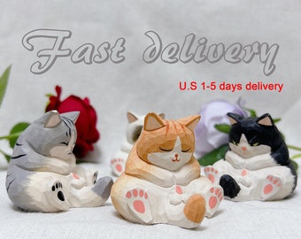 5 Style Wooden Fat Cat Figurines - Hand Carved Cat Statues Decor - Gifts for Cat Lovers
