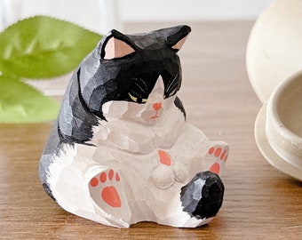Looking at crotch - Funny Handmade carving Cat Figurines Hand Painted Wood Statue Gifts for Cat Lovers