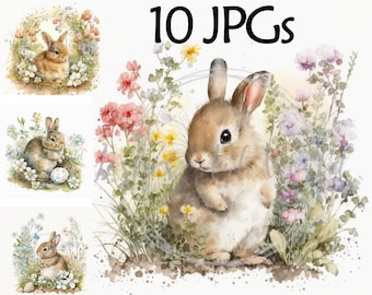 Coniglietti con fiore Clipart - 10 JPG di alta qualità - Digital Planner, Junk Journals, Acquerello - Uso commerciale - Download digitale