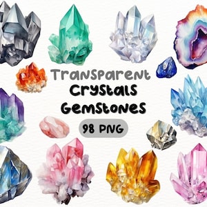 Watercolor Crystals Gemstones PNG Bundle, Digital Crafts Designs Transparent, Gemstone Clipart, Crystal Clipart, Commercial Use