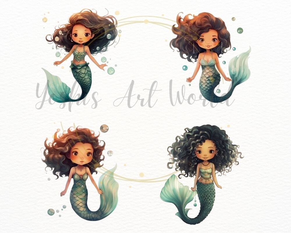 Watercolor Cute Black Mermaid PNG Bundle Digital Crafts - Etsy