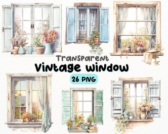 Watercolor Vintage Window PNG Bundle, Digital Crafts Designs Transparent, Vintage Window Clipart, Antique Window Clipart, Commercial Use