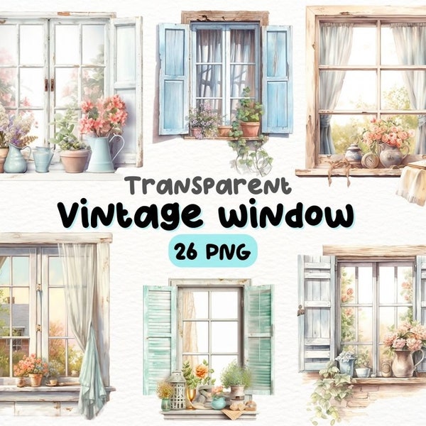 Watercolor Vintage Window PNG Bundle, Digital Crafts Designs Transparent, Vintage Window Clipart, Antique Window Clipart, Commercial Use