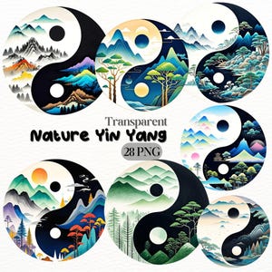 Puede incluir: Conjunto de ocho símbolos yin yang con escenas de la naturaleza. Cada símbolo presenta un diseño yin yang en blanco y negro con un paisaje colorido a cada lado. Los paisajes incluyen montañas, árboles y agua. El texto "Transparent Nature Yin Yang 28 PNG" está escrito debajo de los símbolos.