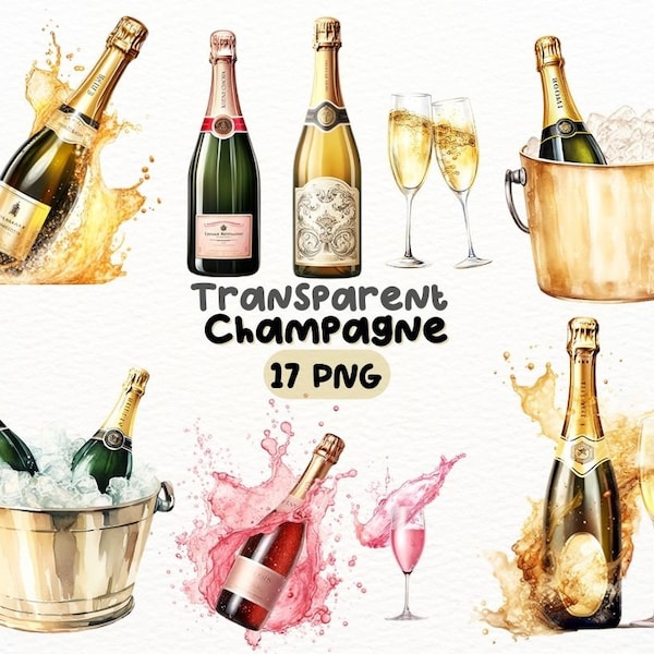 Watercolor Champagne PNG Bundle, Digital Crafts Designs Transparent, Celebratory Drink Clipart, Party Clipart, Commercial Use