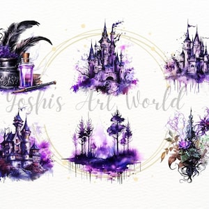 May include: Five watercolor illustrations of purple castles, a forest, and a quill and ink bottle. The illustrations are set against a white background with a gold circle around the forest and castle illustrations.