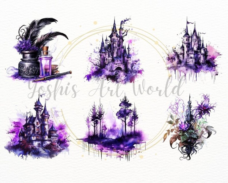 May include: Five watercolor illustrations of purple castles, a forest, and a quill and ink bottle. The illustrations are set against a white background with a gold circle around the forest and castle illustrations.