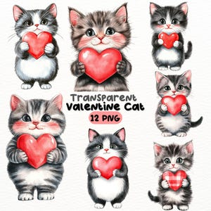 Aquarelle chat de la Saint-Valentin PNG Bundle, artisanat numérique dessins transparents, clipart chat mignon, clipart chat sur le thème du coeur, usage Commercial