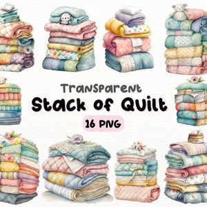 May include: A set of 16 digital illustrations of stacks of quilts in various colors and patterns. The quilts are layered and have a watercolor effect. The text "Transparent Stack of Quilt 16 PNG" is written in black and pink letters.