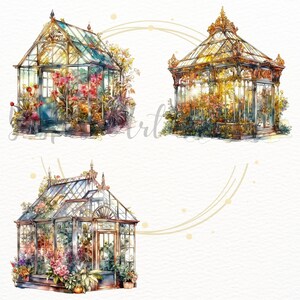 Puede incluir: Tres ilustraciones de acuarela de invernaderos de vidrio ornamentados con detalles intrincados y exuberante vegetaci&oacute;n en su interior. Los invernaderos est&aacute;n pintados en tonos dorados, marrones y verdes.