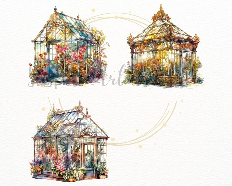 Puede incluir: Tres ilustraciones de acuarela de invernaderos de vidrio ornamentados con detalles intrincados y exuberante vegetaci&oacute;n en su interior. Los invernaderos est&aacute;n pintados en tonos dorados, marrones y verdes.