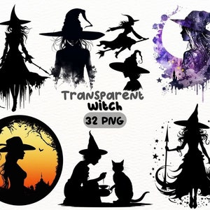 Watercolor Witch Silhouette PNG Bundle, Digital Crafts Designs Transparent, Mysterious Sorceress Clipart, Halloween Clipart, Commercial Use