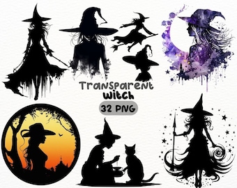 Paquete PNG de silueta de bruja de acuarela, diseños de artesanías digitales transparentes, imágenes prediseñadas de hechicera misteriosa, imágenes prediseñadas de Halloween, uso comercial